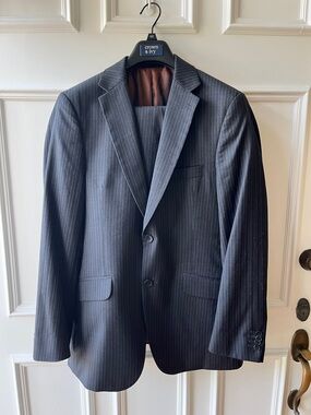 Men’s Charcoal Grey Wool Suit with Blue Pinstripes by Ben Sherman